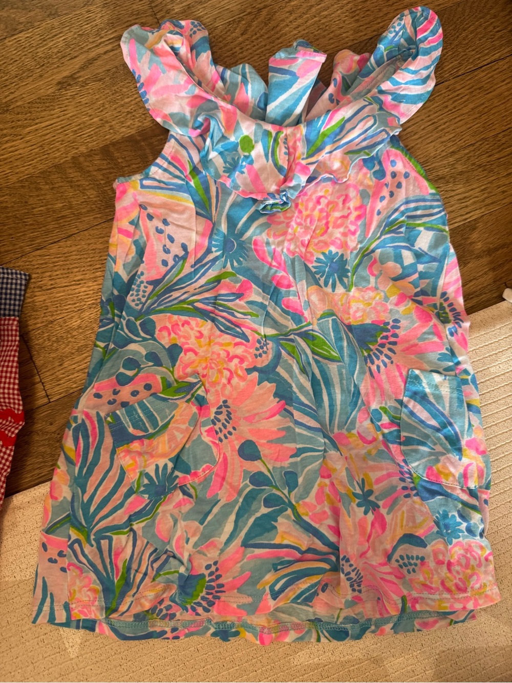Lilly Pulitzer Pink Blue Green Floral Ruffled Neck Kids Dress